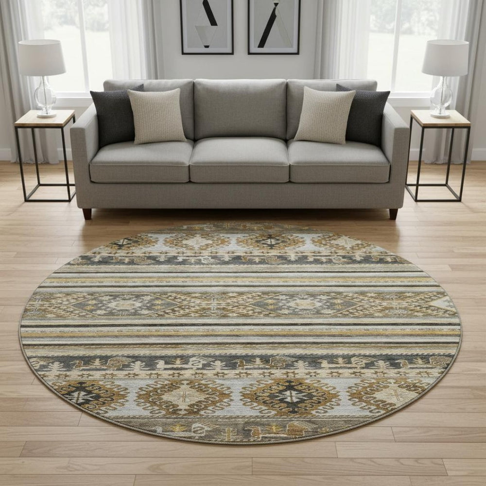 HomeRoots 8' Washable Round Area Rug in Chocolate, Ivory & Gray Medallion Design with UV Protection & Durability 695243