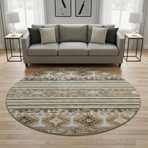 HomeRoots 8' Washable Round Area Rug in Chocolate, Ivory & Gray Medallion Design with UV Protection & Durability 695243