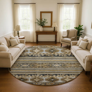 HomeRoots 8' Washable Round Area Rug in Chocolate, Ivory & Gray Medallion Design with UV Protection & Durability 695243