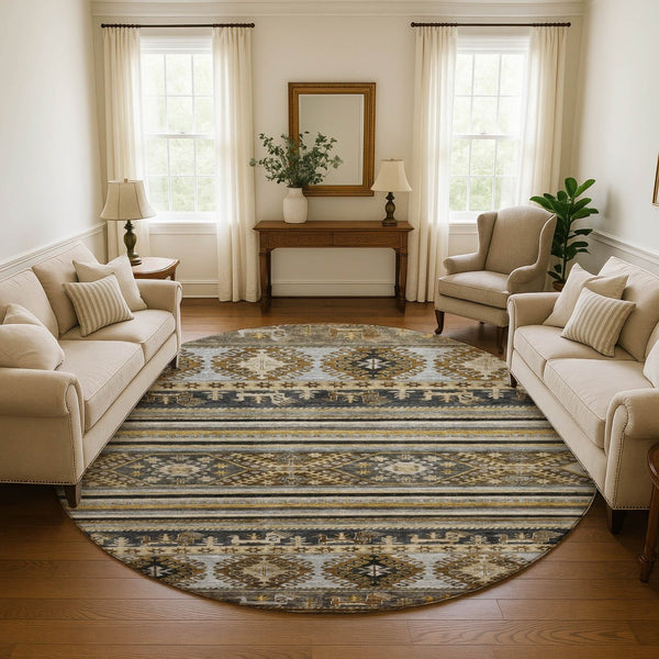 HomeRoots 8' Washable Round Area Rug in Chocolate, Ivory & Gray Medallion Design with UV Protection & Durability 695243