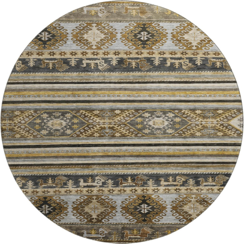 HomeRoots 8' Washable Round Area Rug in Chocolate, Ivory & Gray Medallion Design with UV Protection & Durability 695243