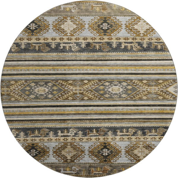 HomeRoots 8' Washable Round Area Rug in Chocolate, Ivory & Gray Medallion Design with UV Protection & Durability 695243