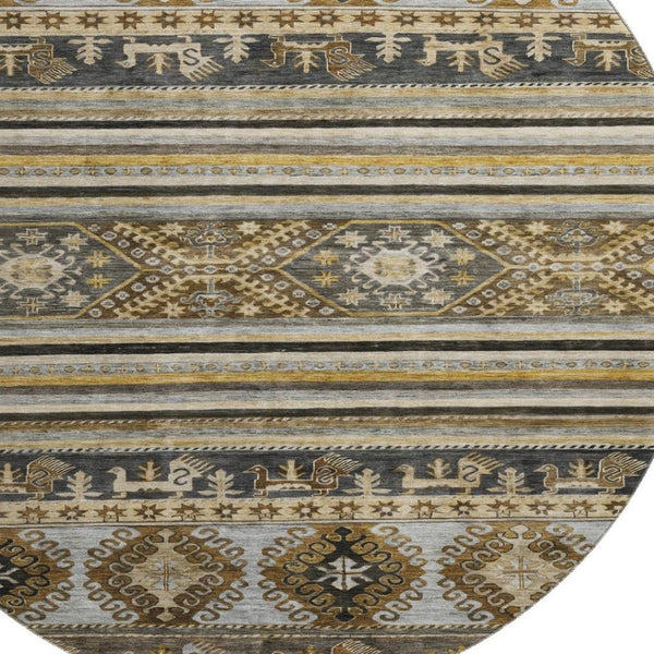 HomeRoots 8' Washable Round Area Rug in Chocolate, Ivory & Gray Medallion Design with UV Protection & Durability 695243