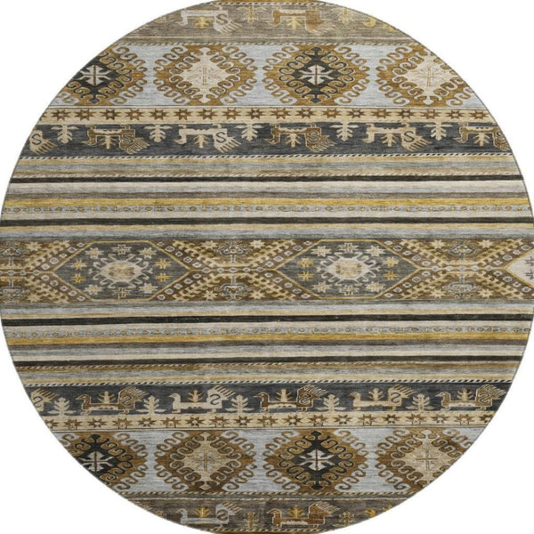 HomeRoots 8' Washable Round Area Rug in Chocolate, Ivory & Gray Medallion Design with UV Protection & Durability 695243