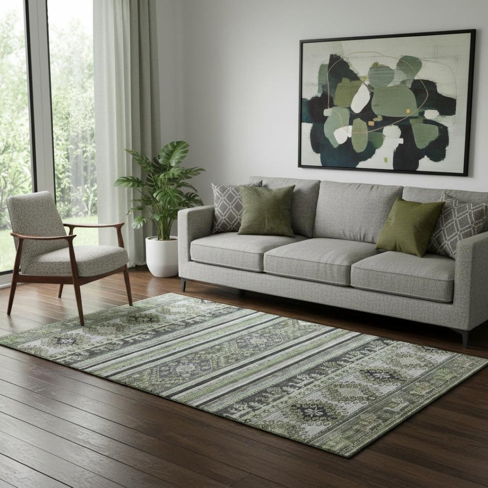 HomeRoots 5' X 8' Washable Fern Green Medallion Area Rug with UV Protection for Stylish, Durable Comfort 695248