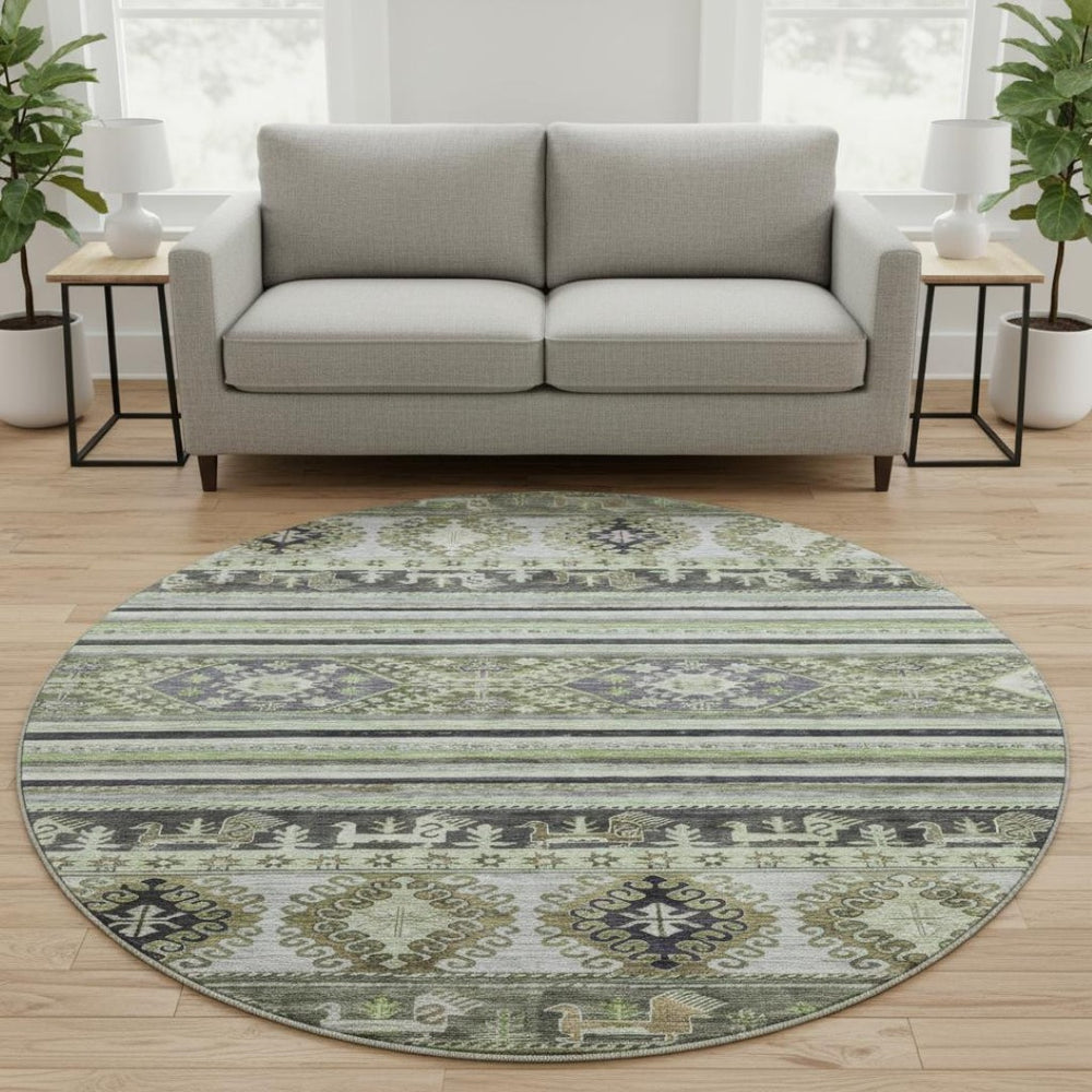 HomeRoots 8' Stylish Fern Green Medallion Round Rug – Washable, UV-Protected, & Family-Friendly Comfort 695249