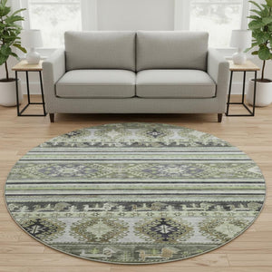 HomeRoots 8' Stylish Fern Green Medallion Round Rug – Washable, UV-Protected, & Family-Friendly Comfort 695249