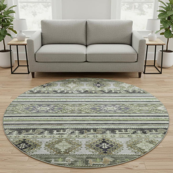 HomeRoots 8' Stylish Fern Green Medallion Round Rug – Washable, UV-Protected, & Family-Friendly Comfort 695249