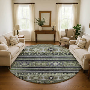 HomeRoots 8' Stylish Fern Green Medallion Round Rug – Washable, UV-Protected, & Family-Friendly Comfort 695249
