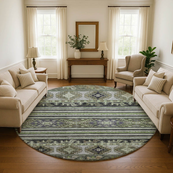 HomeRoots 8' Stylish Fern Green Medallion Round Rug – Washable, UV-Protected, & Family-Friendly Comfort 695249