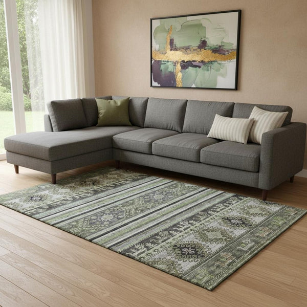 HomeRoots 8' X 10' Fern Green Ivory Gray Medallion Washable Area Rug – UV Protected, Stain-Resistant Elegance 695250
