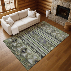HomeRoots 8' X 10' Fern Green Ivory Gray Medallion Washable Area Rug – UV Protected, Stain-Resistant Elegance 695250