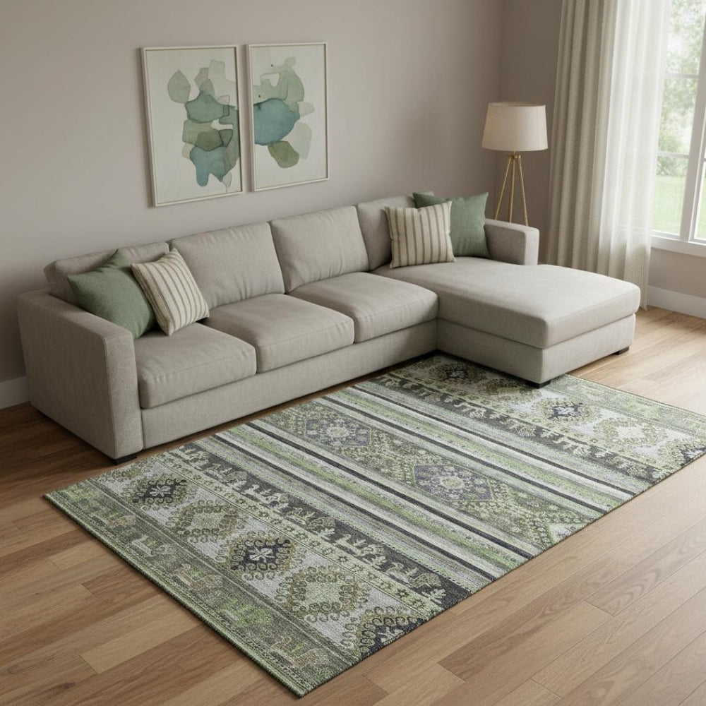 HomeRoots 9' X 12' Washable Fern Green Ivory and Gray Medallion Area Rug - UV Protected, Pet-Friendly Design 695251