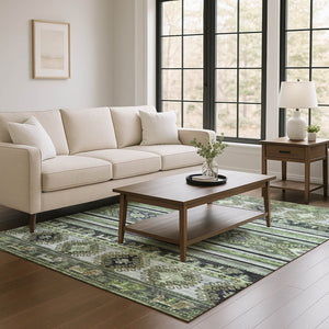 HomeRoots 9' X 12' Washable Fern Green Ivory and Gray Medallion Area Rug - UV Protected, Pet-Friendly Design 695251