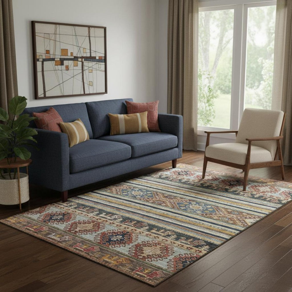 HomeRoots 5' X 8' Vibrant Rust Gold & Blue Medallion Area Rug – Washable, UV-Protected for Busy Homes! 695254