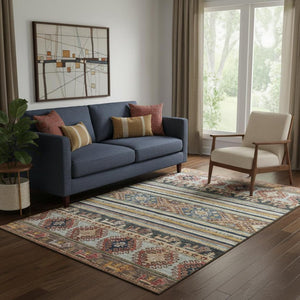 HomeRoots 5' X 8' Vibrant Rust Gold & Blue Medallion Area Rug – Washable, UV-Protected for Busy Homes! 695254