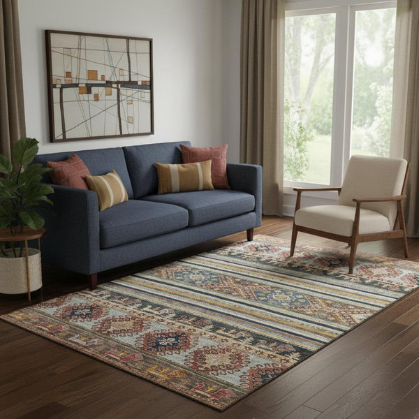 HomeRoots 5' X 8' Vibrant Rust Gold & Blue Medallion Area Rug – Washable, UV-Protected for Busy Homes! 695254