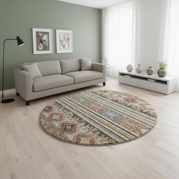 HomeRoots 8' Washable Round Rug with Rust, Gold & Blue Medallion Design - UV Protection & Non-Slip Backing 695255