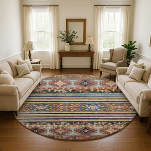 HomeRoots 8' Washable Round Rug with Rust, Gold & Blue Medallion Design - UV Protection & Non-Slip Backing 695255