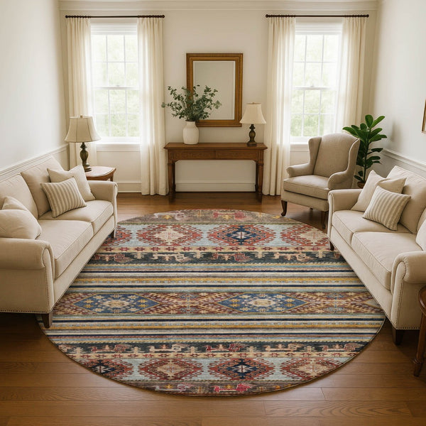 HomeRoots 8' Washable Round Rug with Rust, Gold & Blue Medallion Design - UV Protection & Non-Slip Backing 695255