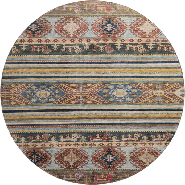 HomeRoots 8' Washable Round Rug with Rust, Gold & Blue Medallion Design - UV Protection & Non-Slip Backing 695255