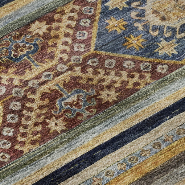 HomeRoots 8' Washable Round Rug with Rust, Gold & Blue Medallion Design - UV Protection & Non-Slip Backing 695255
