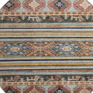 HomeRoots 8' Washable Round Rug with Rust, Gold & Blue Medallion Design - UV Protection & Non-Slip Backing 695255