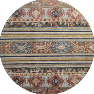 HomeRoots 8' Washable Round Rug with Rust, Gold & Blue Medallion Design - UV Protection & Non-Slip Backing 695255