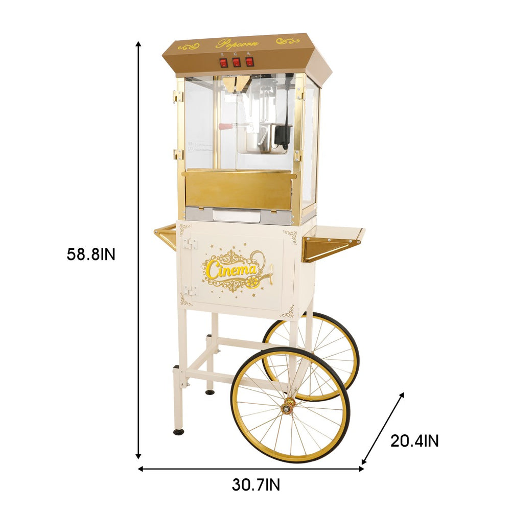 English Elm 16oz Commercial Popcorn Machine with Steel Cart Tempered Glass and 3 Switch Panel Golden White W2841P337589