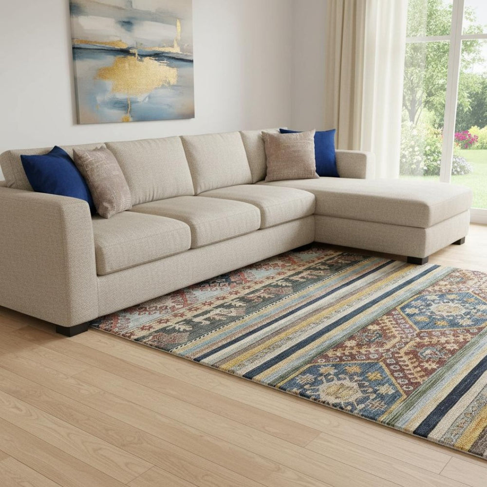 HomeRoots 8' X 10' Washable Rust Gold & Blue Medallion Area Rug with UV Protection for Stylish Durability 695256