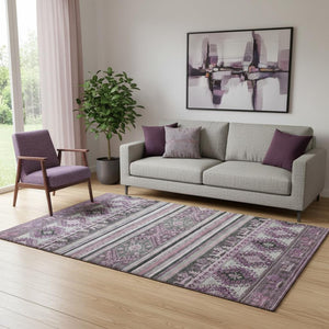 HomeRoots 5' X 8' Stylish Purple Gray Ivory Area Rug - Washable, Stain Resistant & UV Protected for Homes 695260