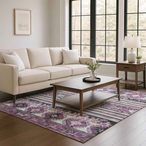 HomeRoots 5' X 8' Stylish Purple Gray Ivory Area Rug - Washable, Stain Resistant & UV Protected for Homes 695260