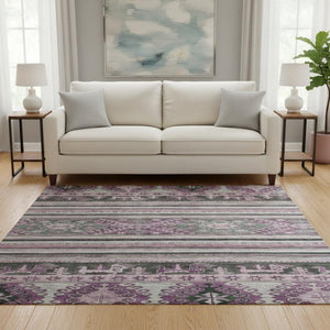 HomeRoots 8' Stylish Purple Gray Ivory Medallion Washable Round Rug with UV Protection for Any Room 695261