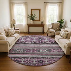HomeRoots 8' Stylish Purple Gray Ivory Medallion Washable Round Rug with UV Protection for Any Room 695261