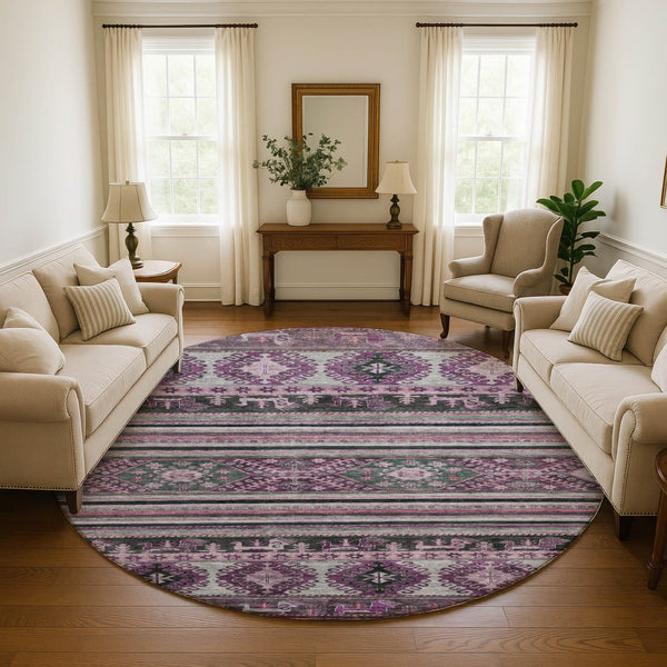 HomeRoots 8' Stylish Purple Gray Ivory Medallion Washable Round Rug with UV Protection for Any Room 695261