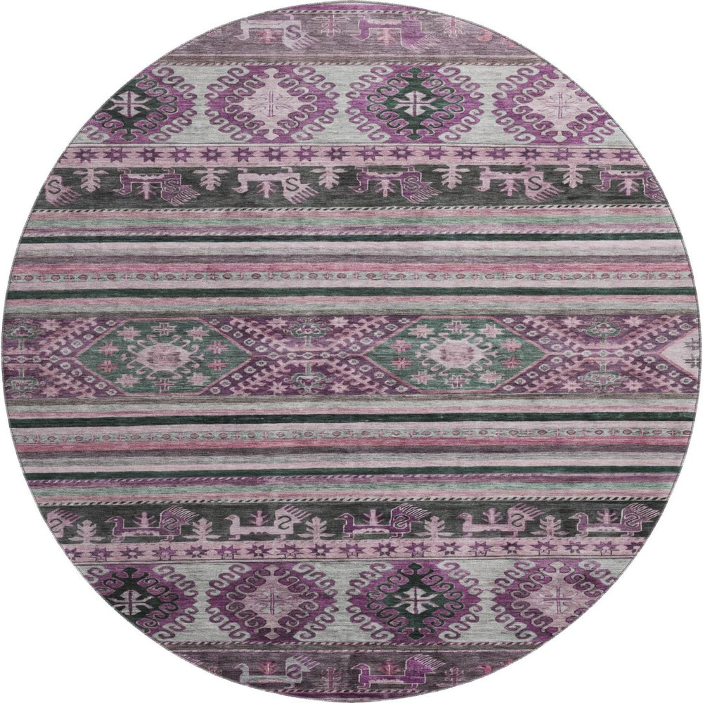 HomeRoots 8' Stylish Purple Gray Ivory Medallion Washable Round Rug with UV Protection for Any Room 695261