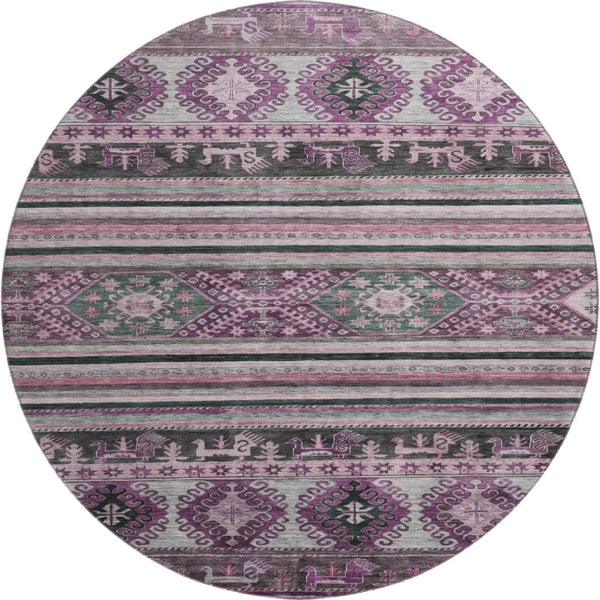 HomeRoots 8' Stylish Purple Gray Ivory Medallion Washable Round Rug with UV Protection for Any Room 695261