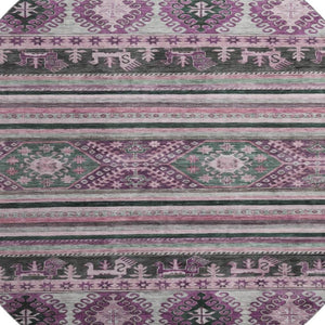 HomeRoots 8' Stylish Purple Gray Ivory Medallion Washable Round Rug with UV Protection for Any Room 695261