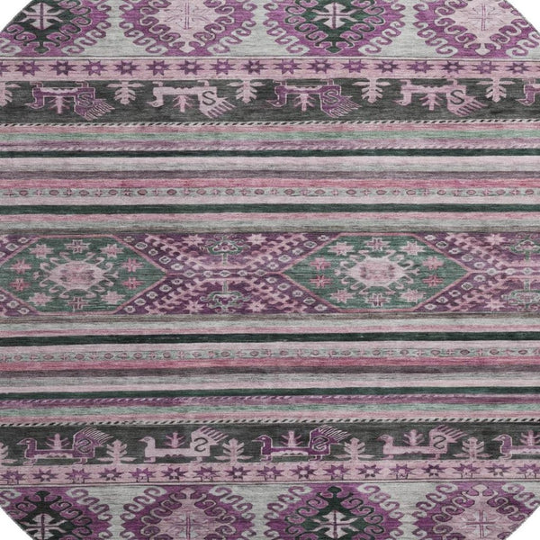 HomeRoots 8' Stylish Purple Gray Ivory Medallion Washable Round Rug with UV Protection for Any Room 695261