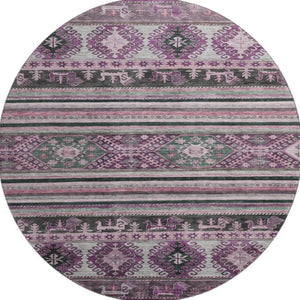 HomeRoots 8' Stylish Purple Gray Ivory Medallion Washable Round Rug with UV Protection for Any Room 695261