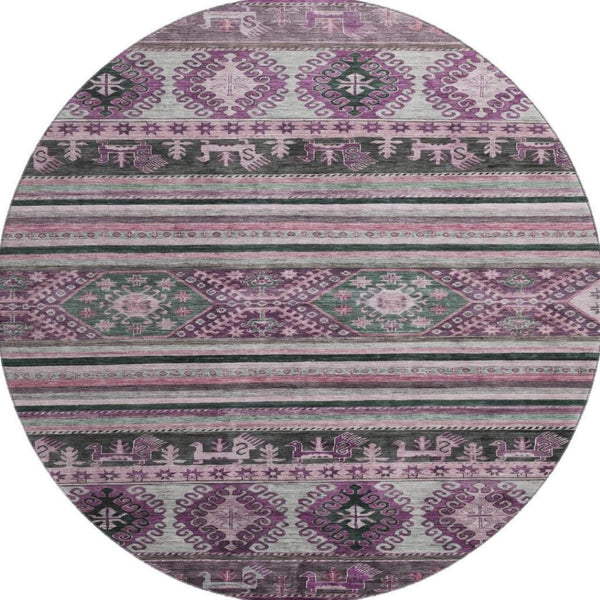 HomeRoots 8' Stylish Purple Gray Ivory Medallion Washable Round Rug with UV Protection for Any Room 695261