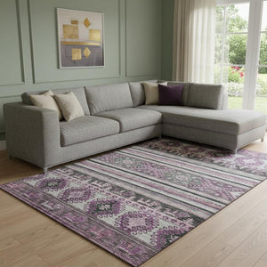 HomeRoots 8' X 10' Elegant Purple Gray Ivory Medallion Area Rug - Washable, UV Protected & Stain Resistant 695262
