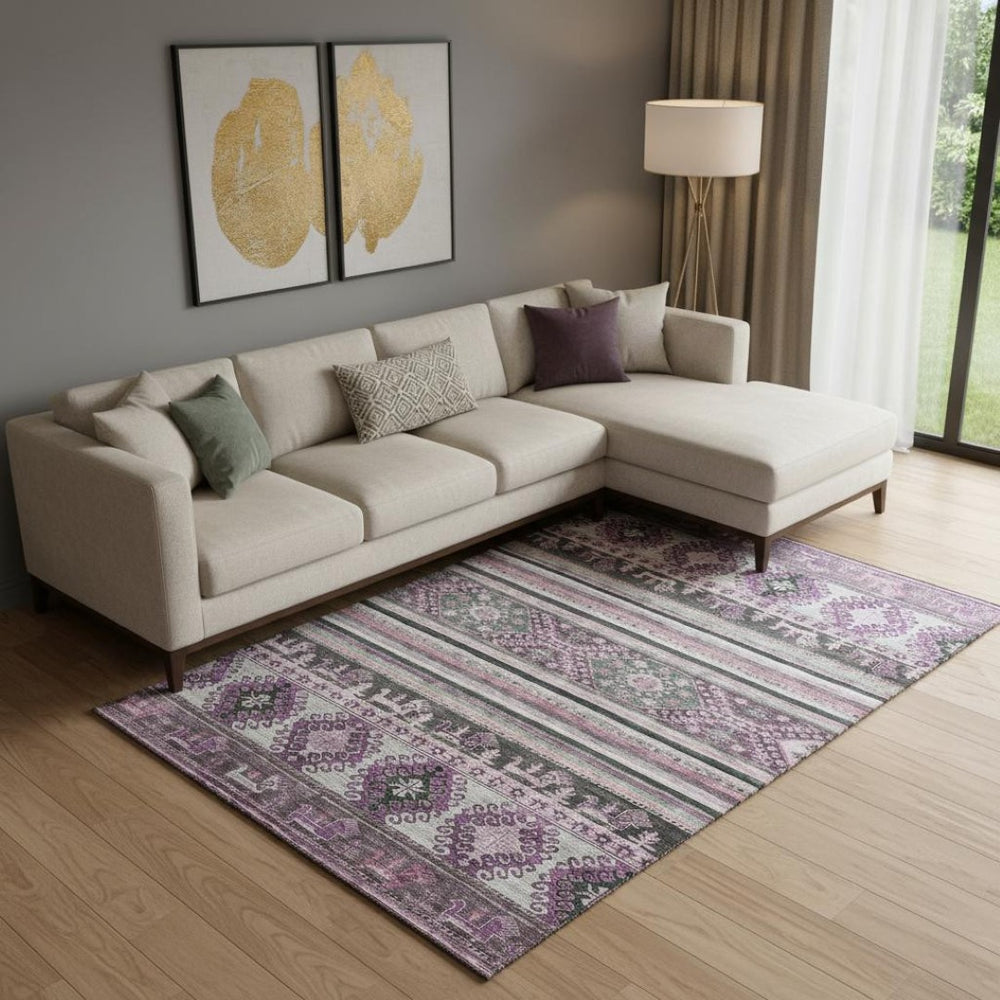 HomeRoots 9' X 12' Stylish Purple Gray Ivory Medallion Washable Area Rug with UV Protection & Stain Resistance 695263