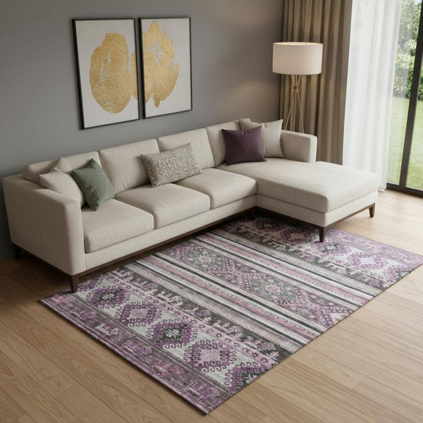 HomeRoots 9' X 12' Stylish Purple Gray Ivory Medallion Washable Area Rug with UV Protection & Stain Resistance 695263