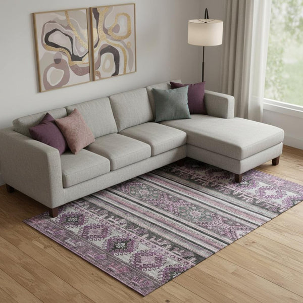 HomeRoots 10' X 14' Washable Medallion Area Rug in Purple, Gray & Ivory - UV Protected & Stain Resistant! 695264