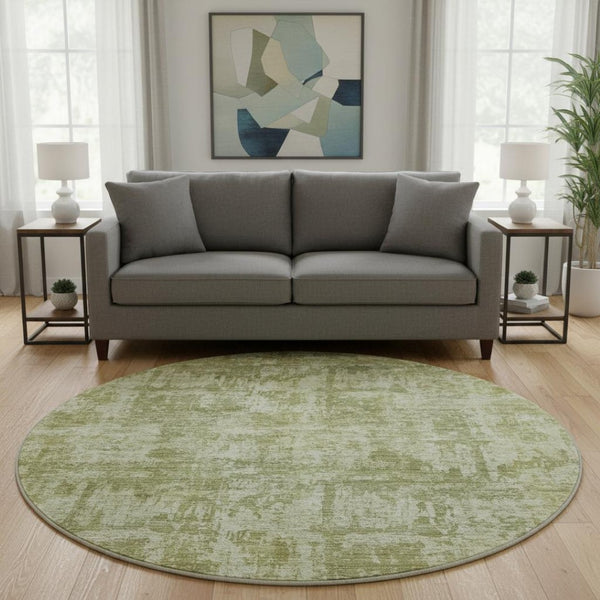 HomeRoots 8' Washable Round Rug in Artichoke Green & Ivory - Stylish, Stain-Resistant, UV-Protected, Durable Design 695267