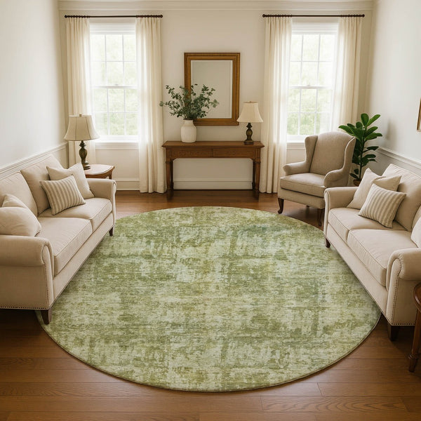 HomeRoots 8' Washable Round Rug in Artichoke Green & Ivory - Stylish, Stain-Resistant, UV-Protected, Durable Design 695267