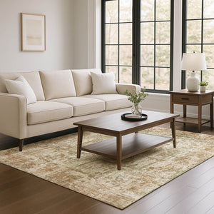 HomeRoots 5' X 8' Beige and Taupe Abstract Washable Area Rug with UV Protection for Modern Living Spaces 695272