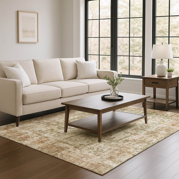 HomeRoots 5' X 8' Beige and Taupe Abstract Washable Area Rug with UV Protection for Modern Living Spaces 695272