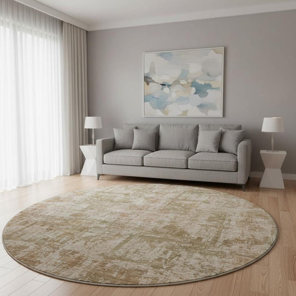 HomeRoots 8' Beige and Taupe Abstract Round Rug - Durable, Washable, UV-Protected for High-Traffic Areas 695273